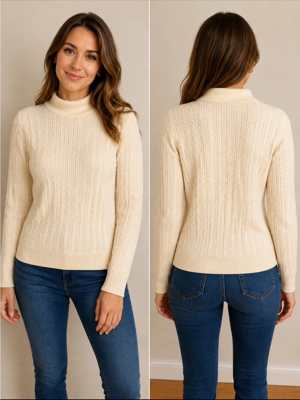 Talbots 100% Cotton Cable Knit Turtleneck Sweater – Cream/Ivory – Women’s Large